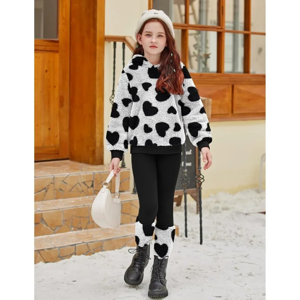 Arshiner Girls 2 Piece Outfits Fuzzy Long Sleeve Hoodie Sweatshirts and Patchwor